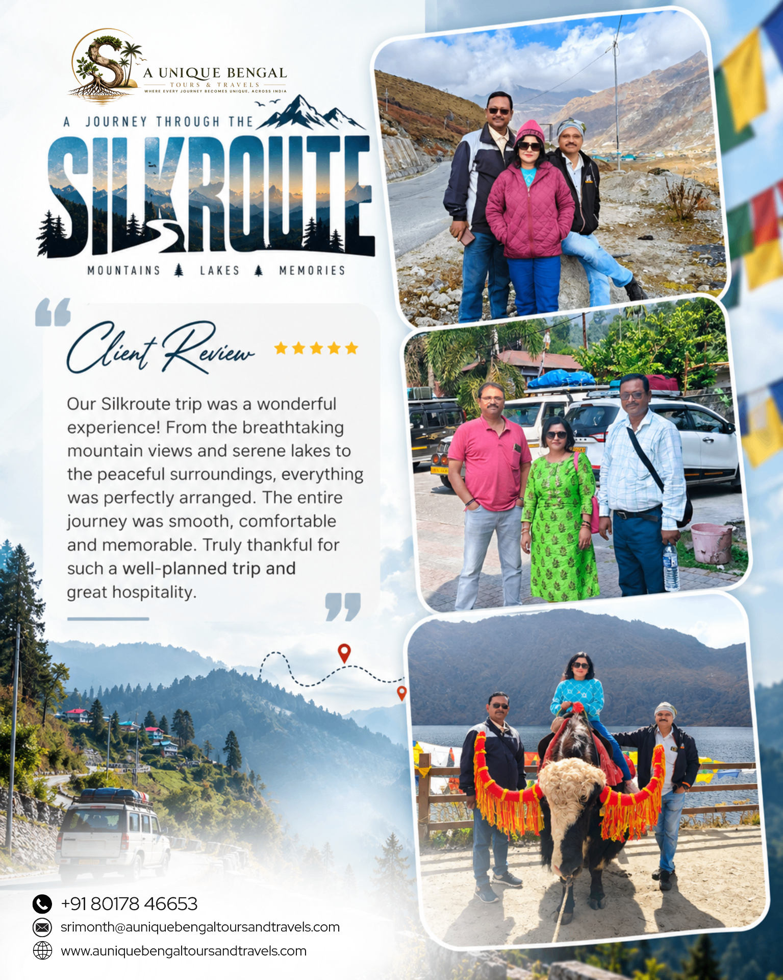 Client trip poster — Silk Route journey with group photos and yak ride