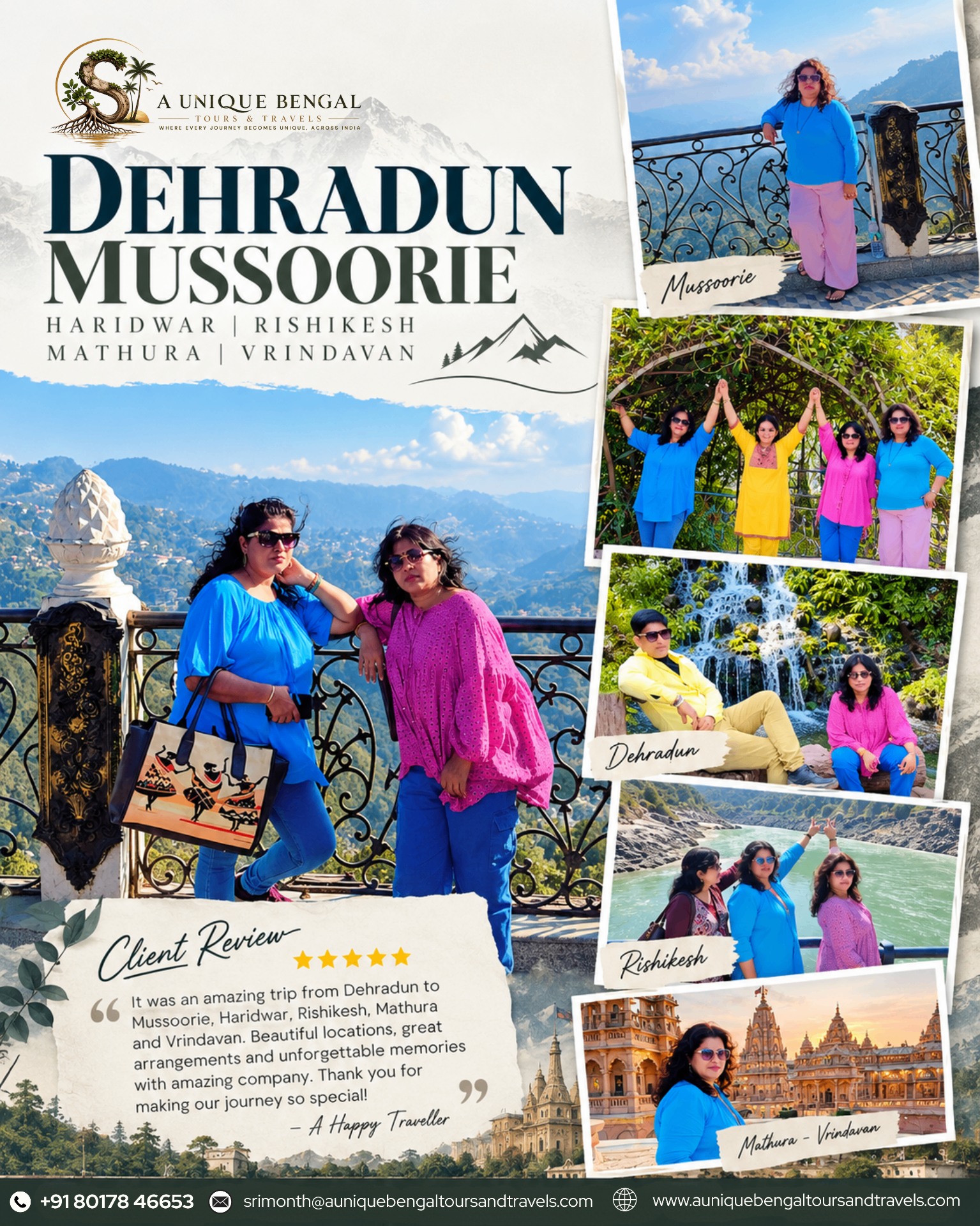 Client trip poster — Dehradun, Mussoorie, Haridwar, Rishikesh, Mathura and Vrindavan