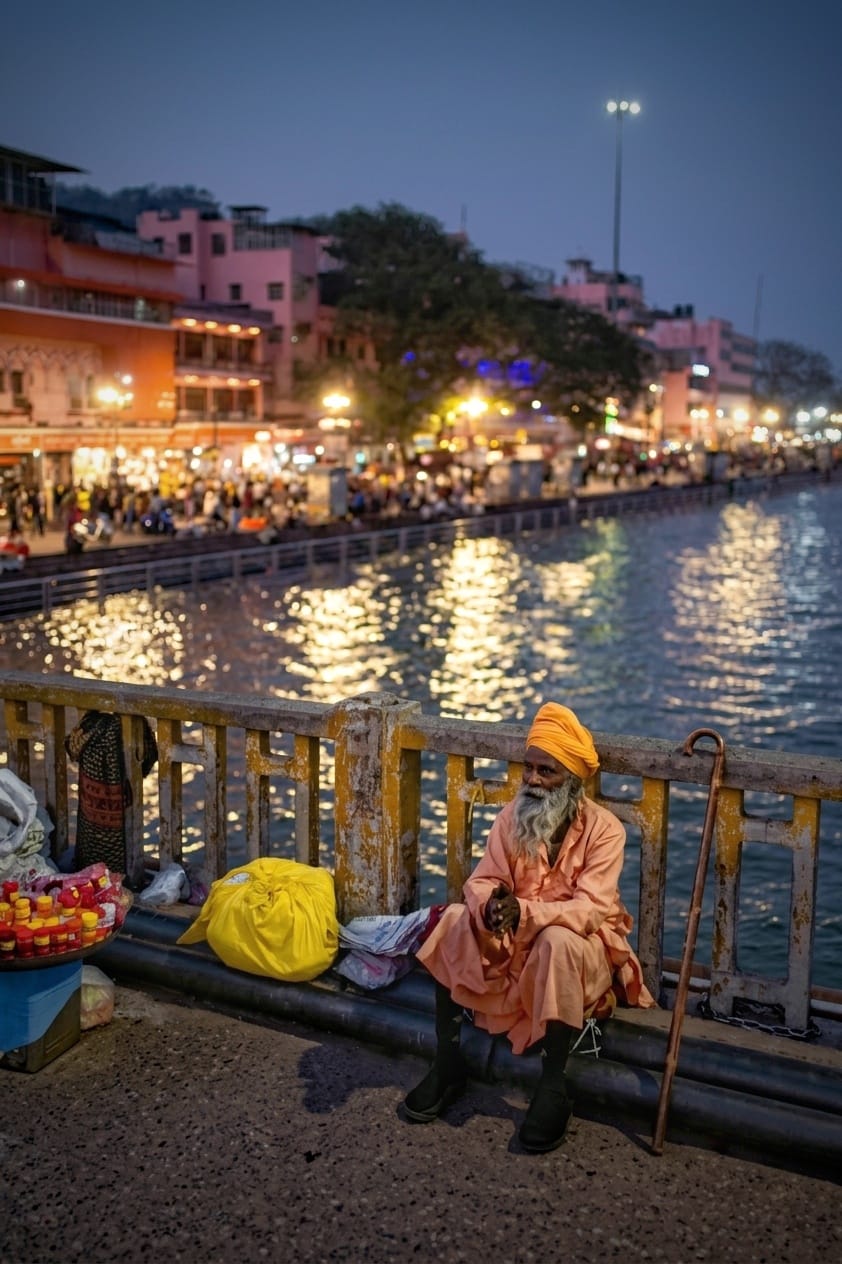 Sadhu by the Ganga ghats at dusk — Haridwar